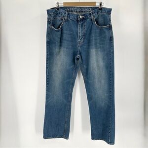 American Eagle Jeans Mens 36x32 Blue Low Loose Whiskered Skate Distressed Denim